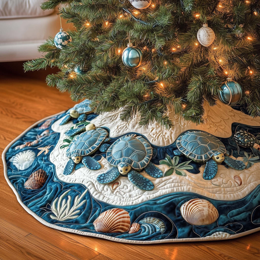Sea Turtles Swimming in Blue Waves Christmas Tree Skirt