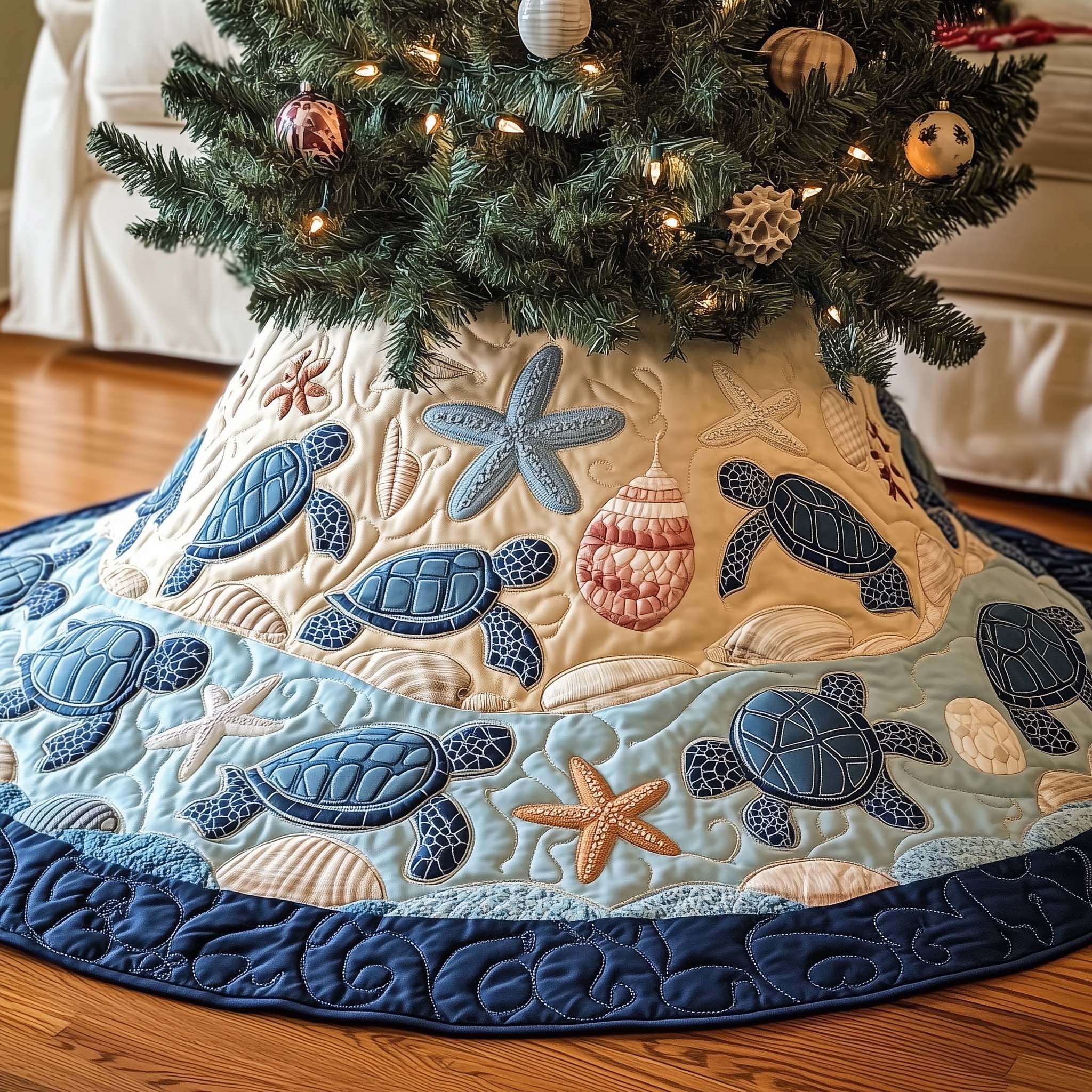 Turtles and Starfish with Navy Border Christmas Tree Skirt
