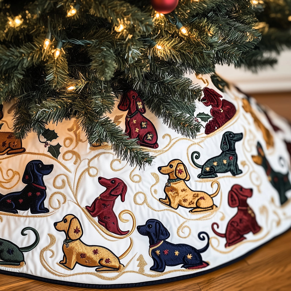 Red and Navy Dachshunds Gold Swirls Christmas Tree Skirt