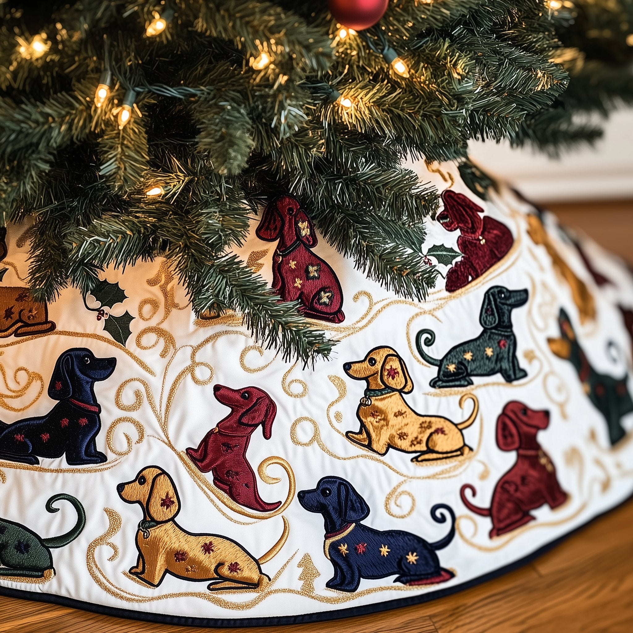 Red and Navy Dachshunds Gold Swirls Christmas Tree Skirt
