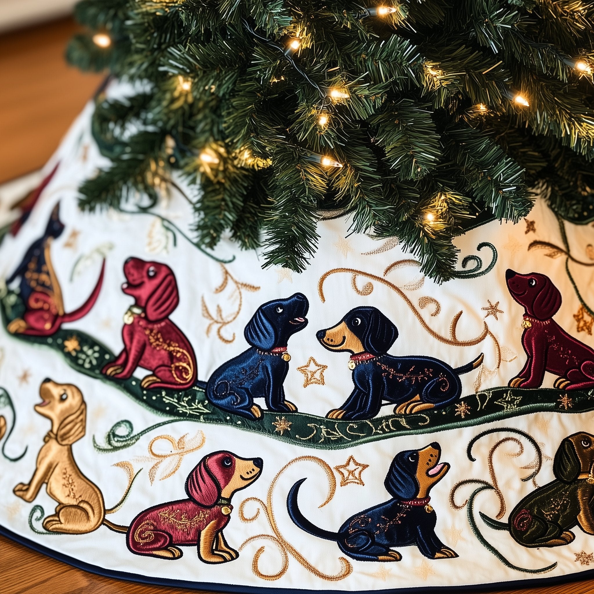 Dachshunds with Green Vine Border Christmas Tree Skirt