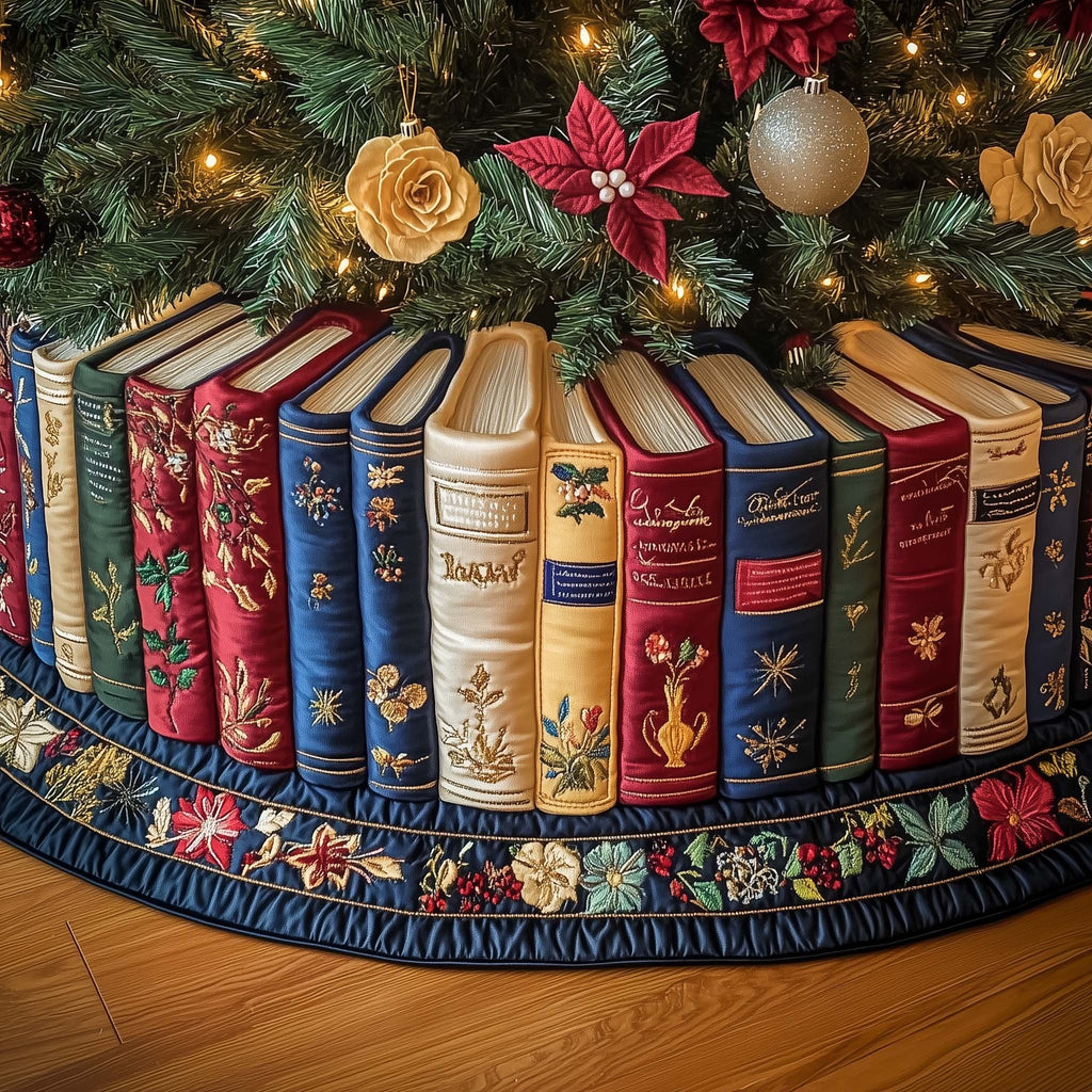 Standing Books on Navy Floral Border Christmas Tree Skirt