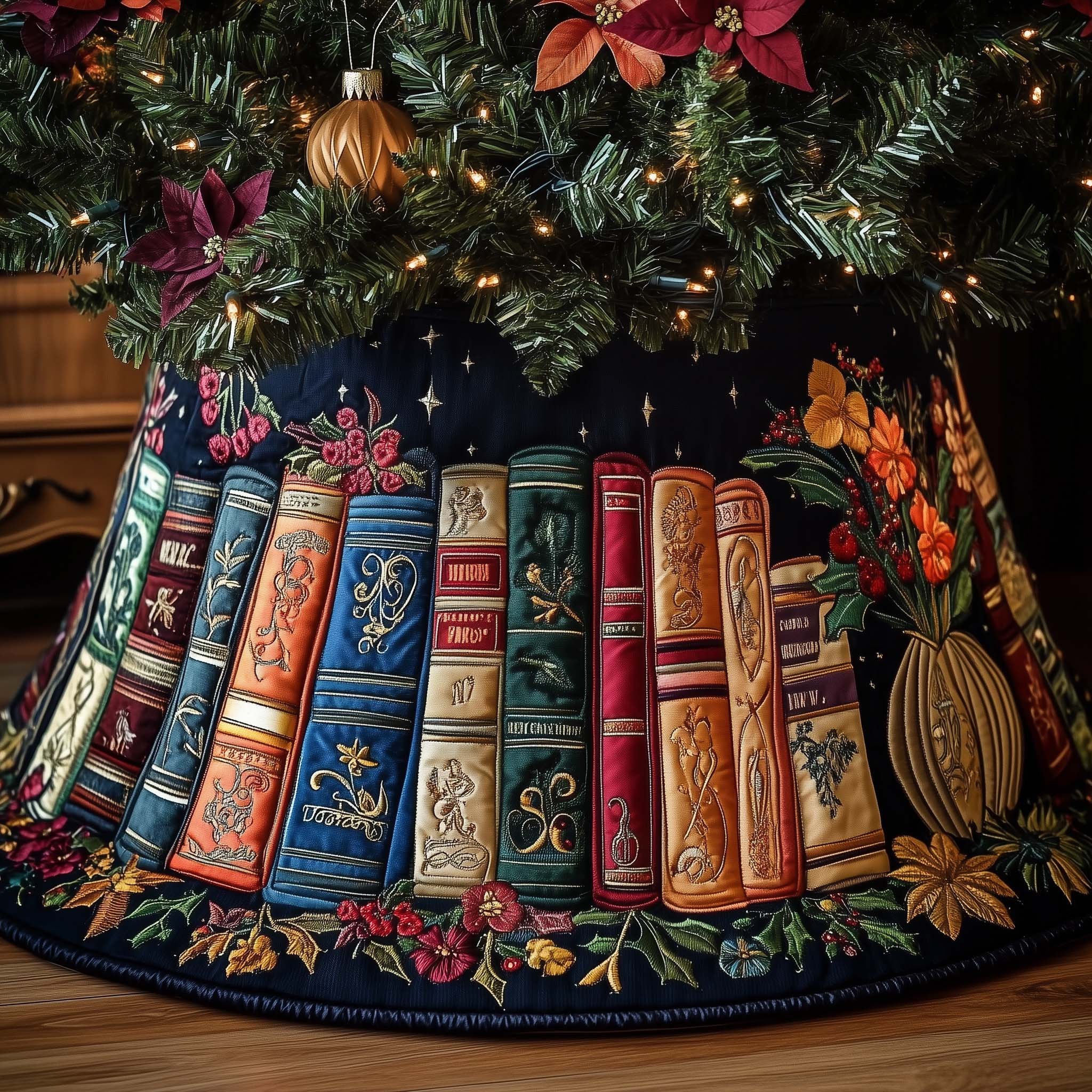 Books with Autumn Blooms on Navy Christmas Tree Skirt