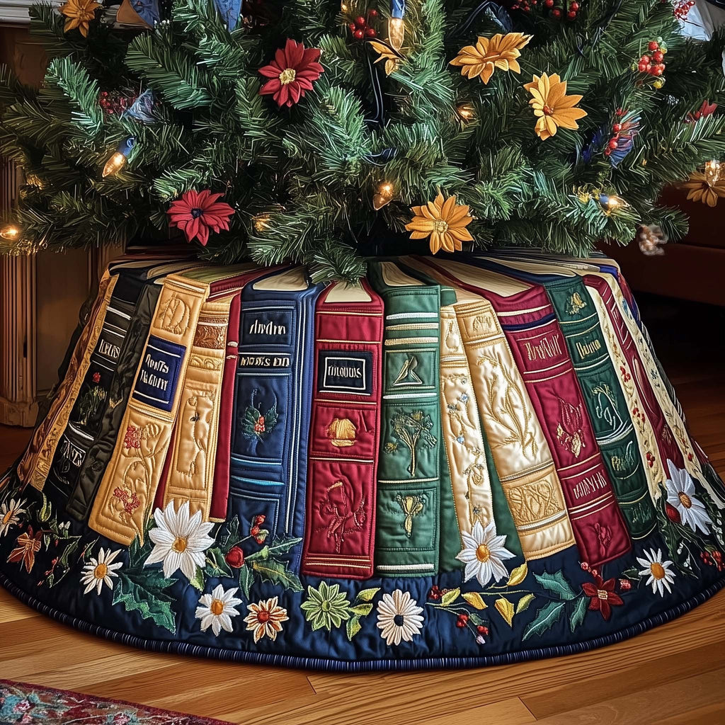 Books with Daisies and Poinsettias Christmas Tree Skirt