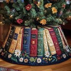 Books with Daisies and Poinsettias Christmas Tree Skirt