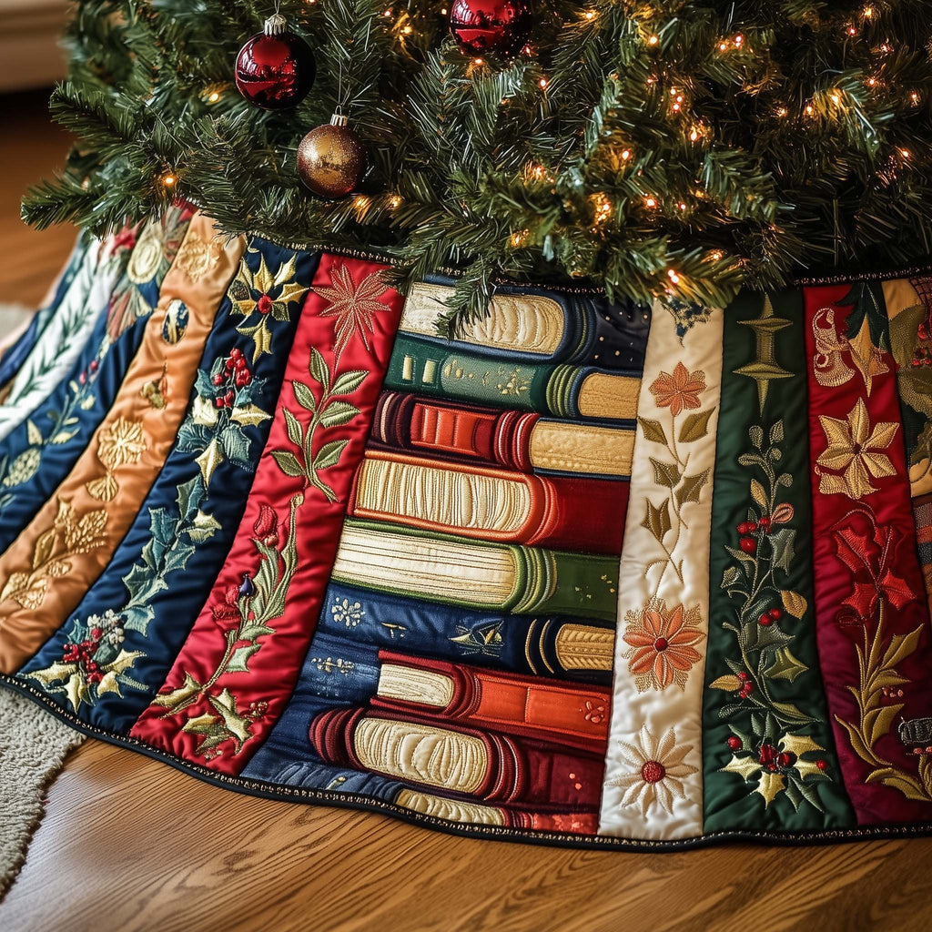 Stacked Books with Green Foliage Christmas Tree Skirt