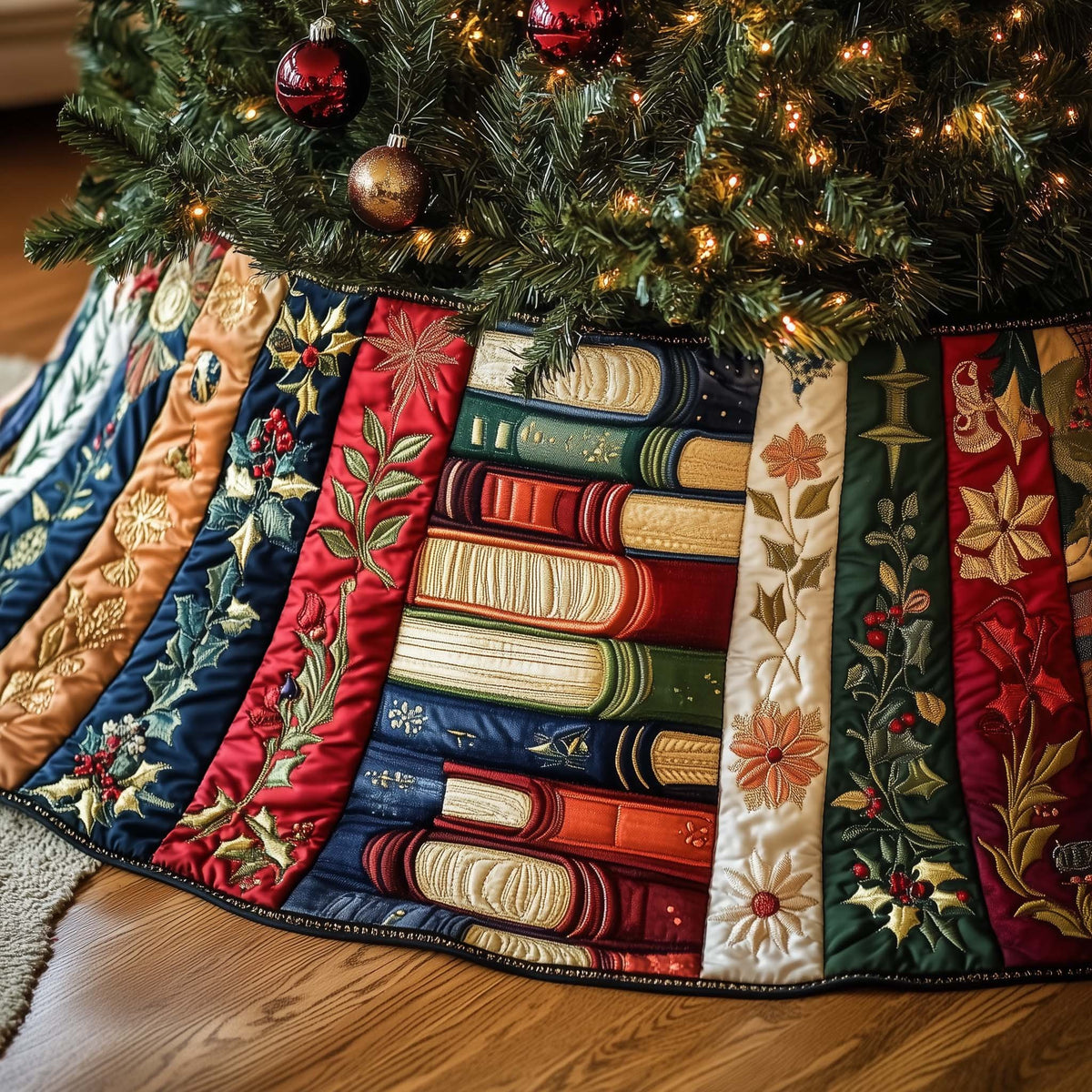 Stacked Books with Green Foliage Christmas Tree Skirt
