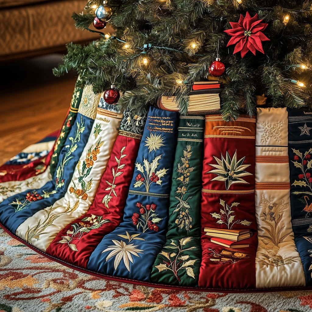 Books with White Botanical Prints Christmas Tree Skirt