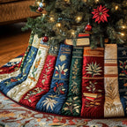 Books with White Botanical Prints Christmas Tree Skirt