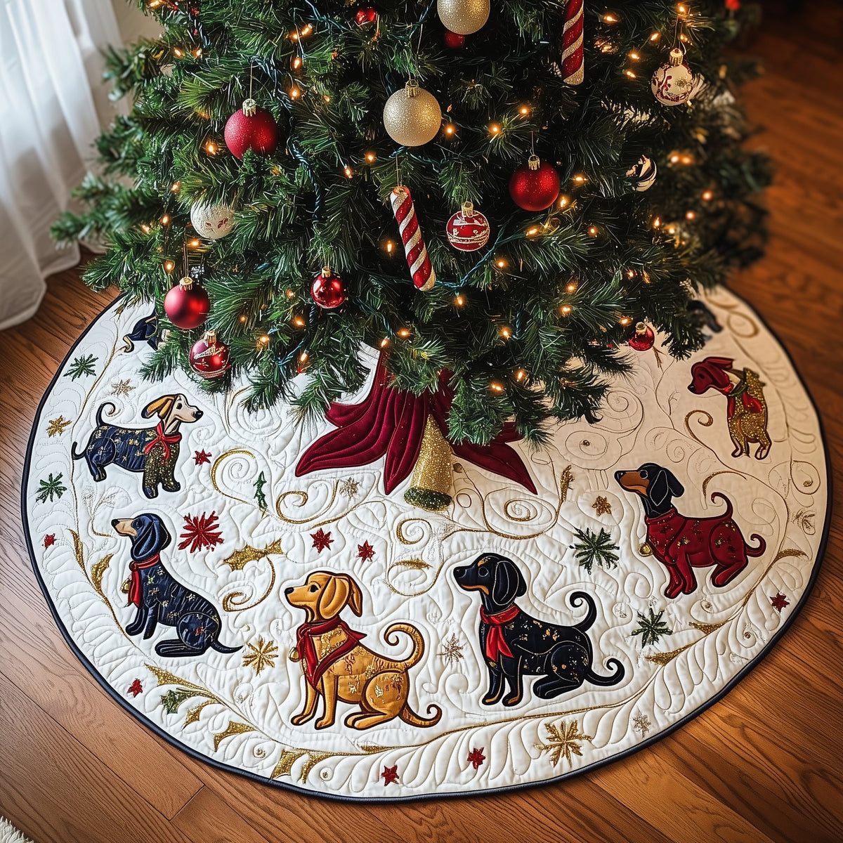 Dachshunds with a Red Bow Christmas Tree Skirt