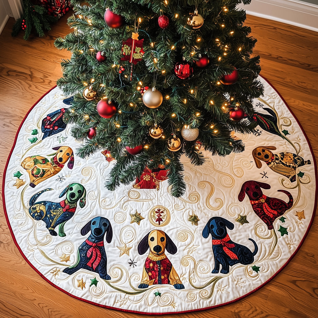 Dachshunds in Coats with Stars Christmas Tree Skirt