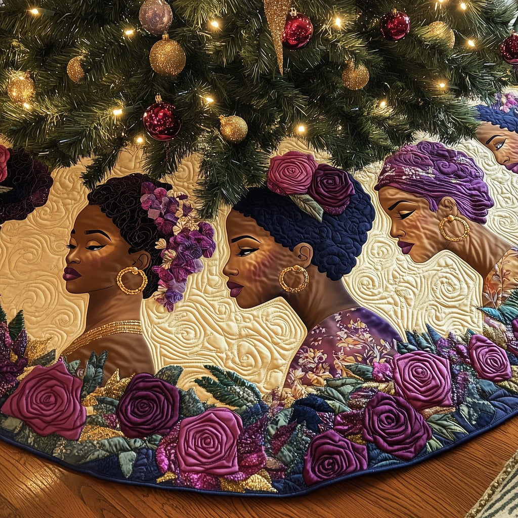 Women with Purple Roses and Gold Hoops Christmas Tree Skirt