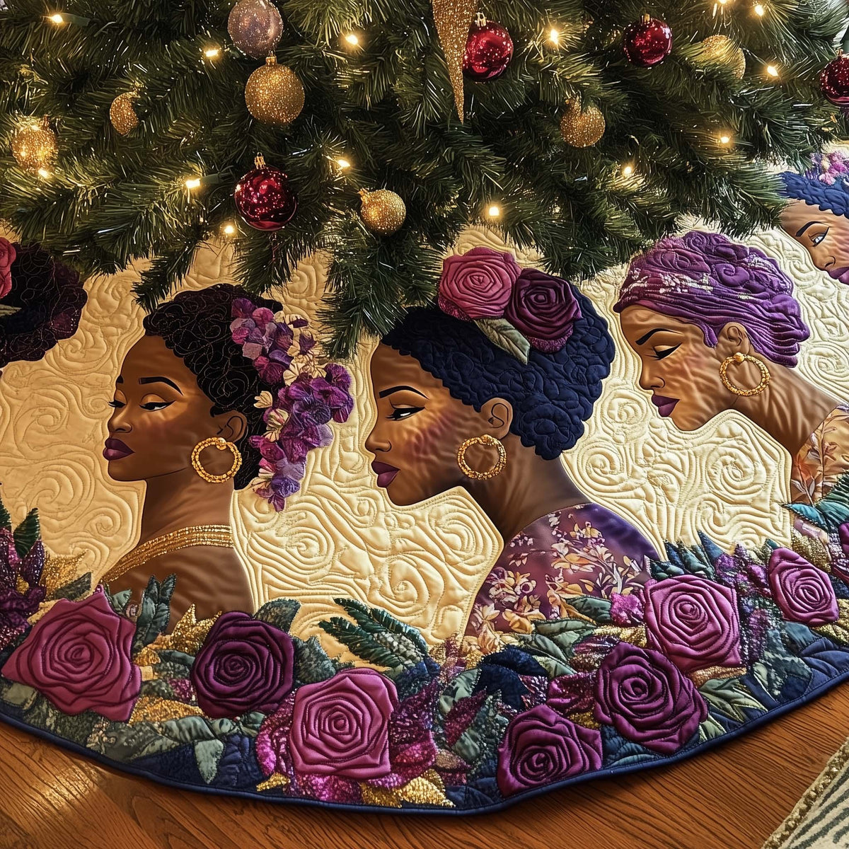 Women with Purple Roses and Gold Hoops Christmas Tree Skirt