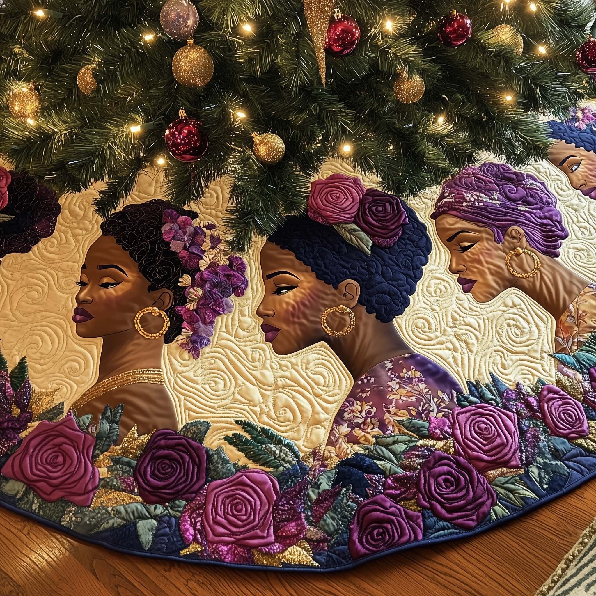 Women with Purple Roses and Gold Hoops Christmas Tree Skirt