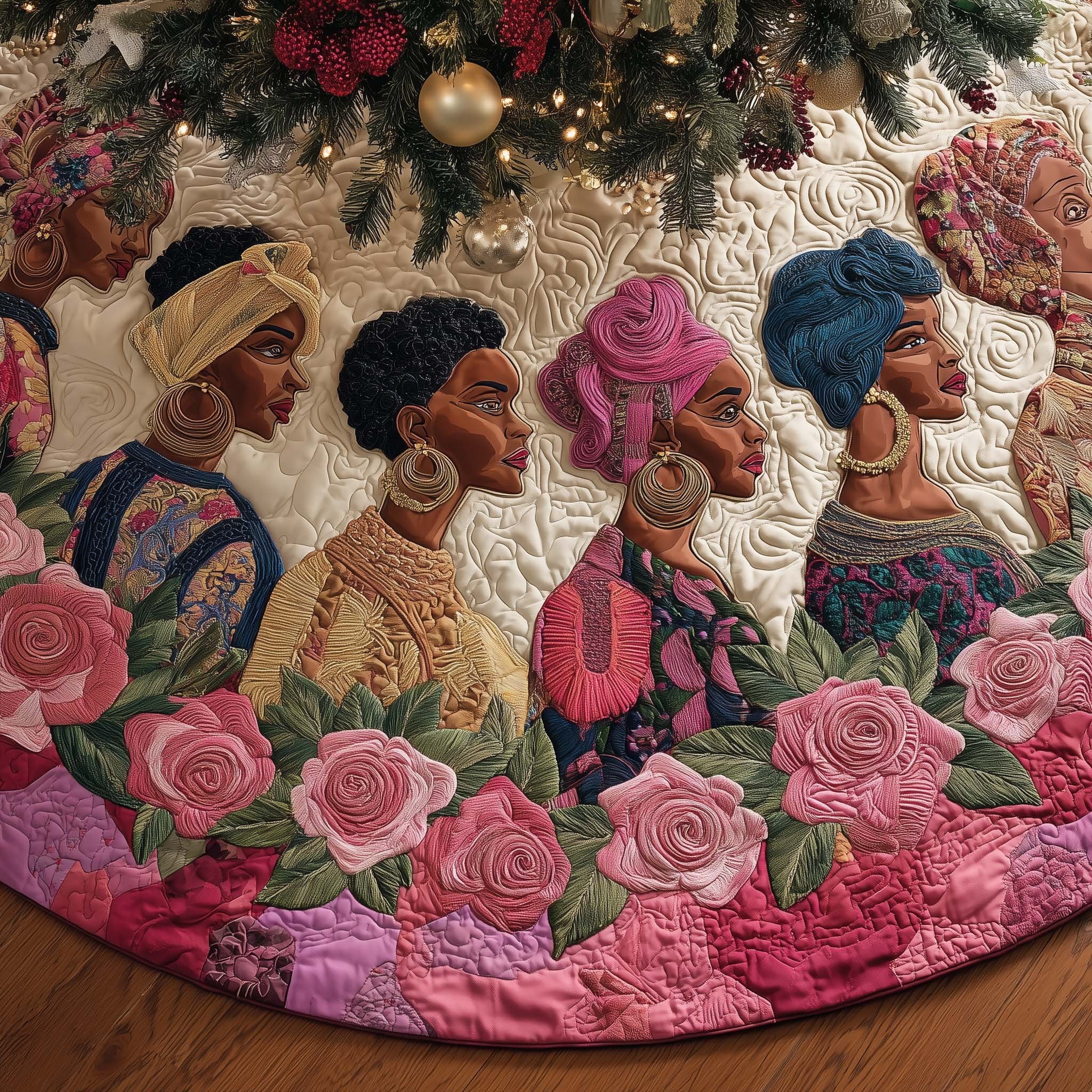 Women in Headwraps with Pink Roses Christmas Tree Skirt