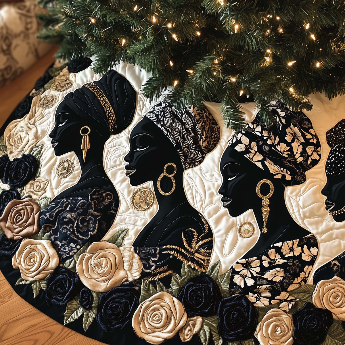 Black Silhouettes with Golden Hoop Earrings Christmas Tree Skirt