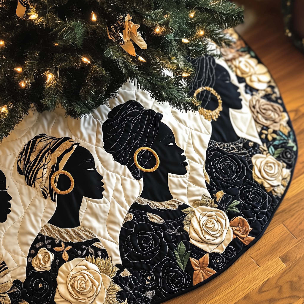 Silhouette Portraits with White Roses Christmas Tree Skirt