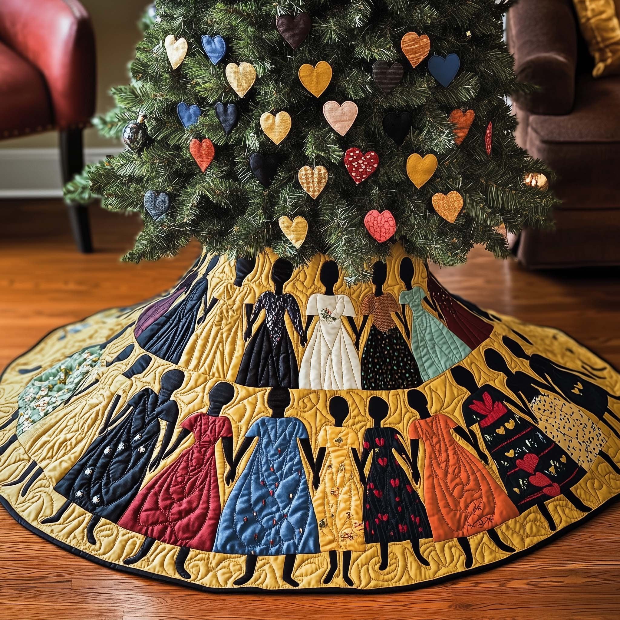 Women in Colorful Gowns on Gold Christmas Tree Skirt