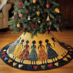 Women in Patterned Dresses Gold Christmas Tree Skirt
