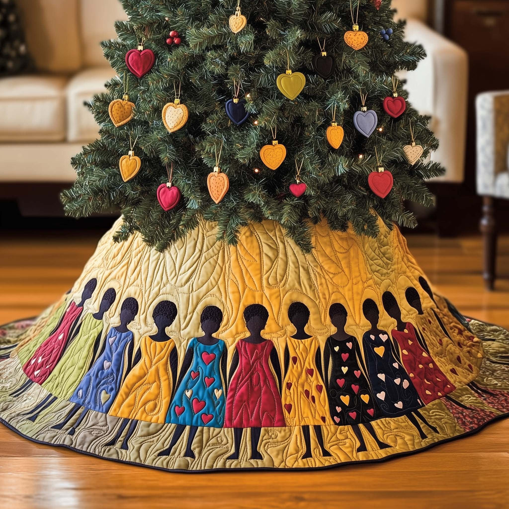Women in Dresses on Golden Quilt Christmas Tree Skirt