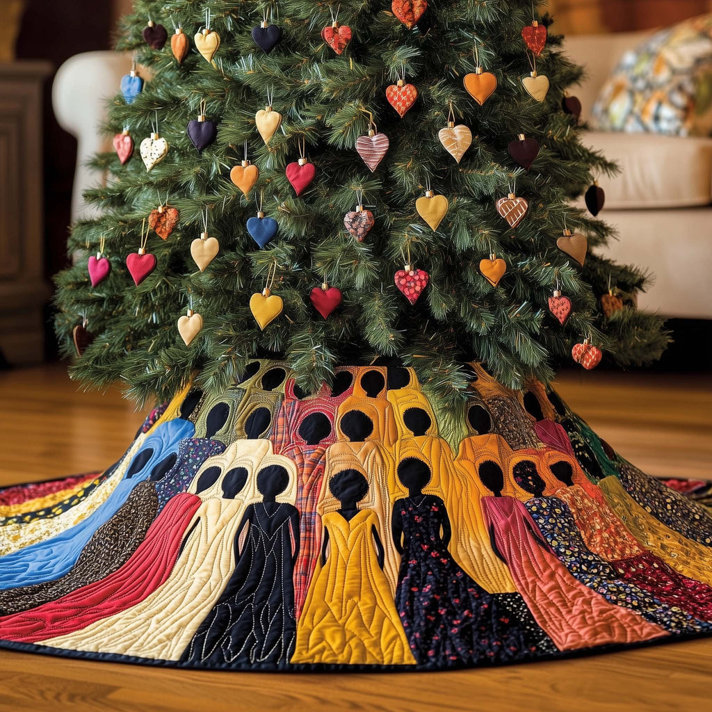 Women in Gowns Under Heart Ornaments Christmas Tree Skirt