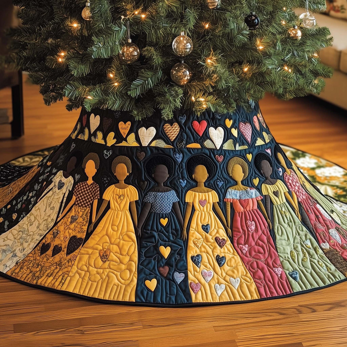 Women in Golden Gowns with Heart Trim Christmas Tree Skirt