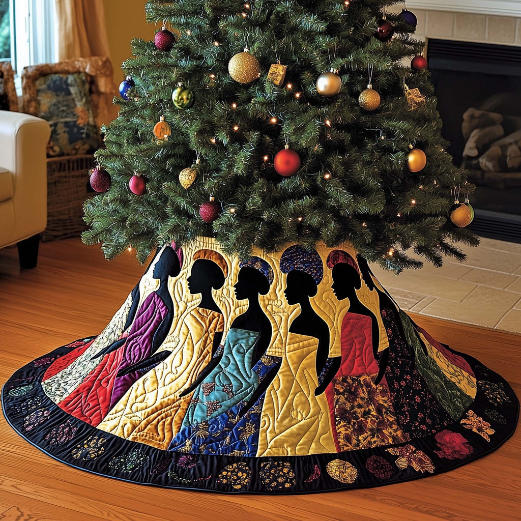 Women in Colorful Gowns on Navy Border Christmas Tree Skirt