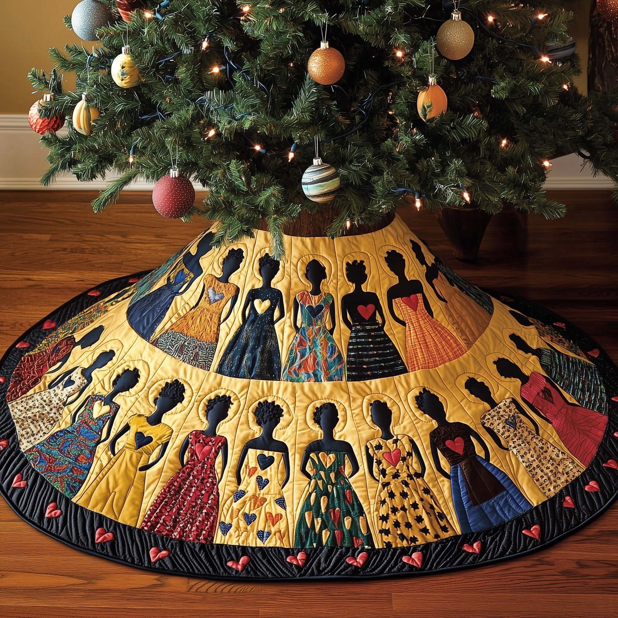 Gowns on Golden Yellow with Heart Band Christmas Tree Skirt