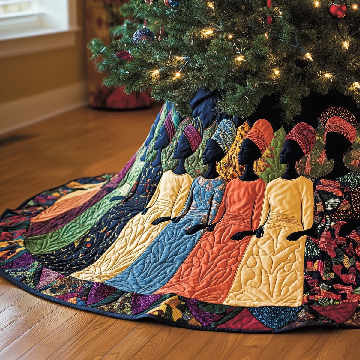 Women in Orange and Purple Gowns Christmas Tree Skirt