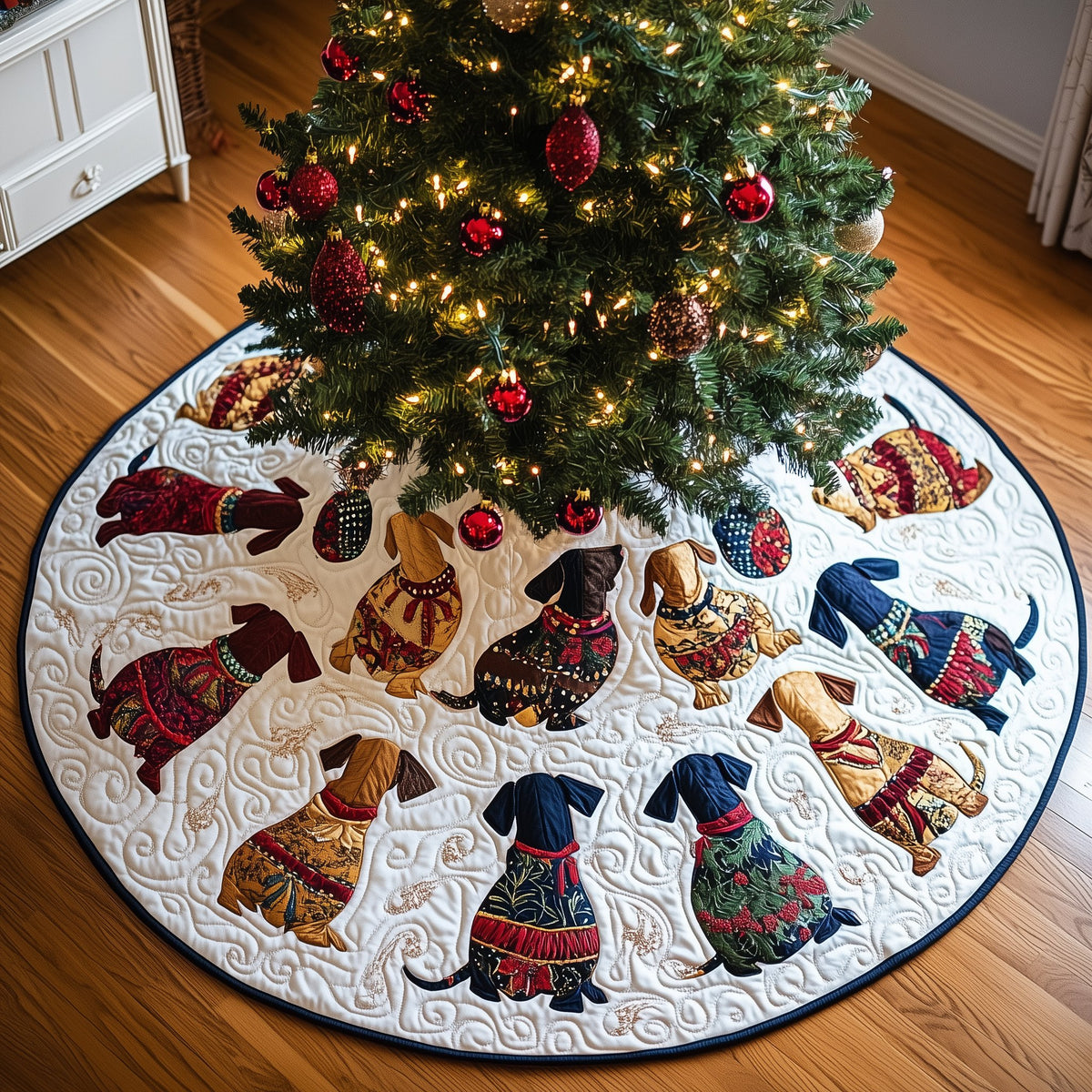 Dachshund Parade in Winter Sweaters Christmas Tree Skirt