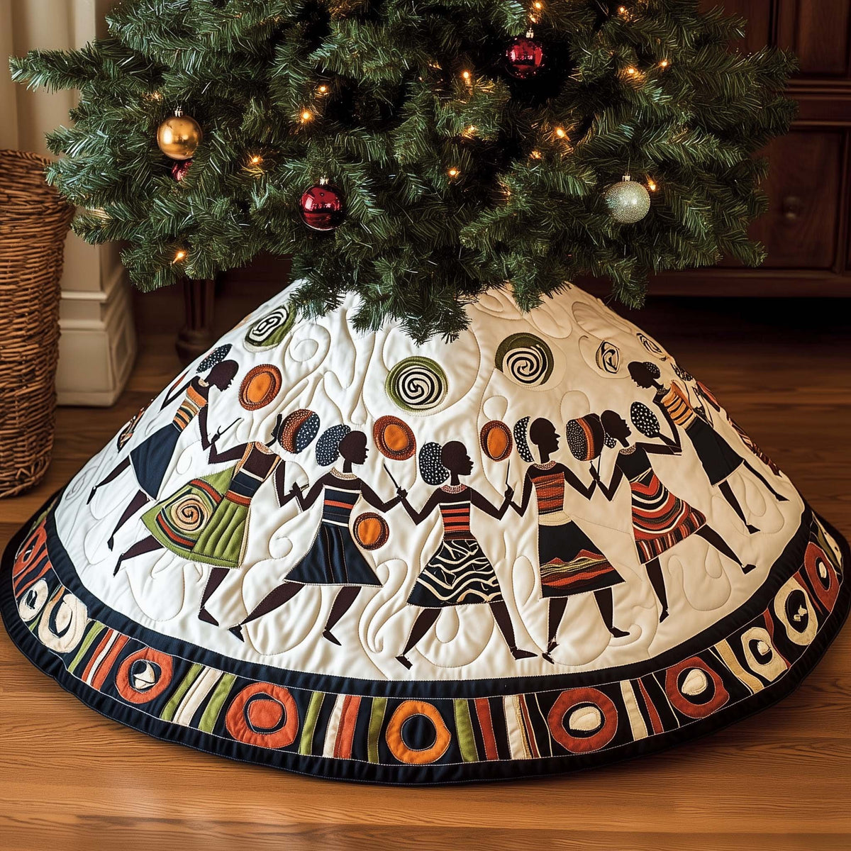 African Dancers with Bold Circle Border Christmas Tree Skirt