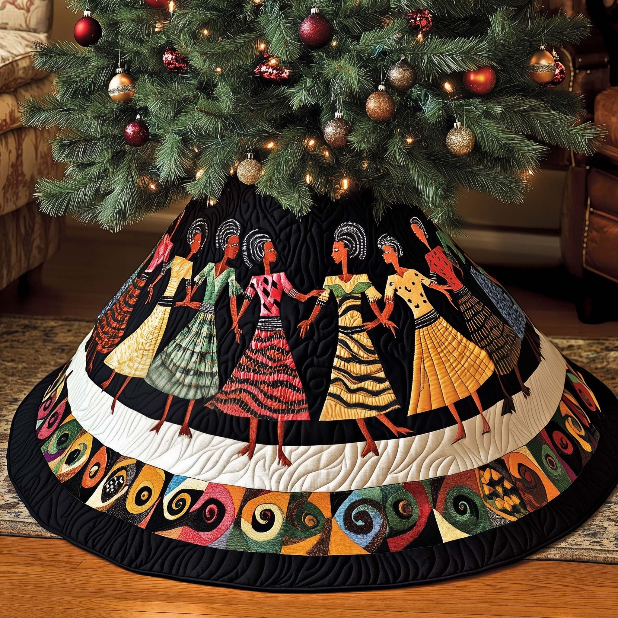 Women Dancing in Colorful Dresses on Black Christmas Tree Skirt