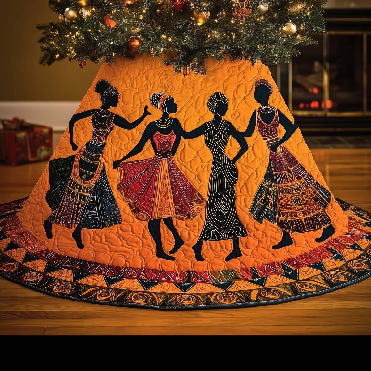 Silhouette Dancers on Bright Orange Christmas Tree Skirt