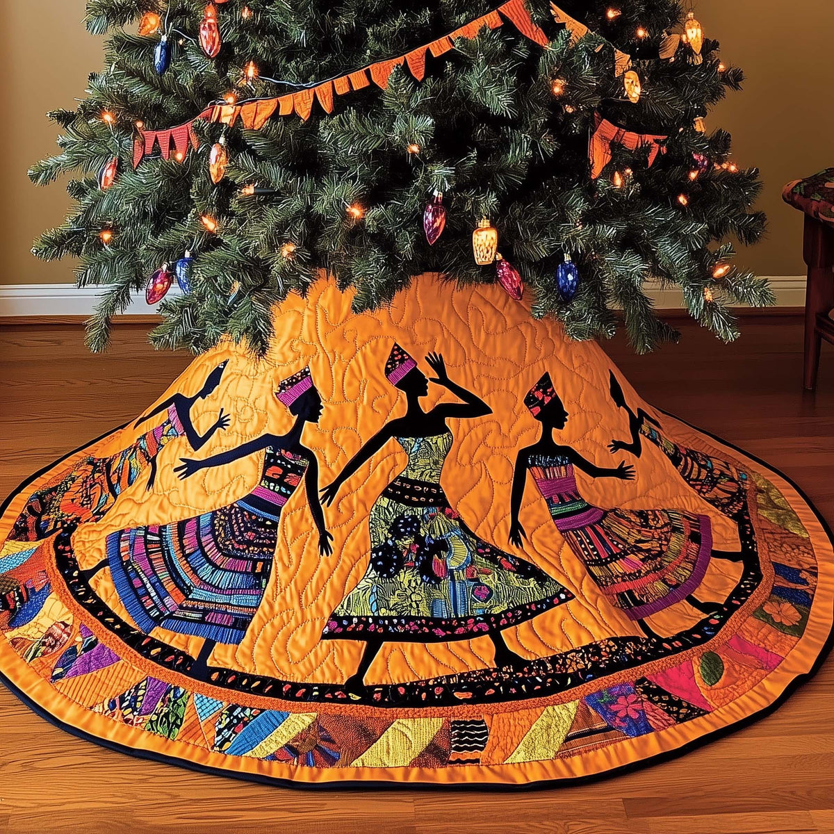 African Dancers on Orange with Patchwork Skirts Christmas Tree Skirt
