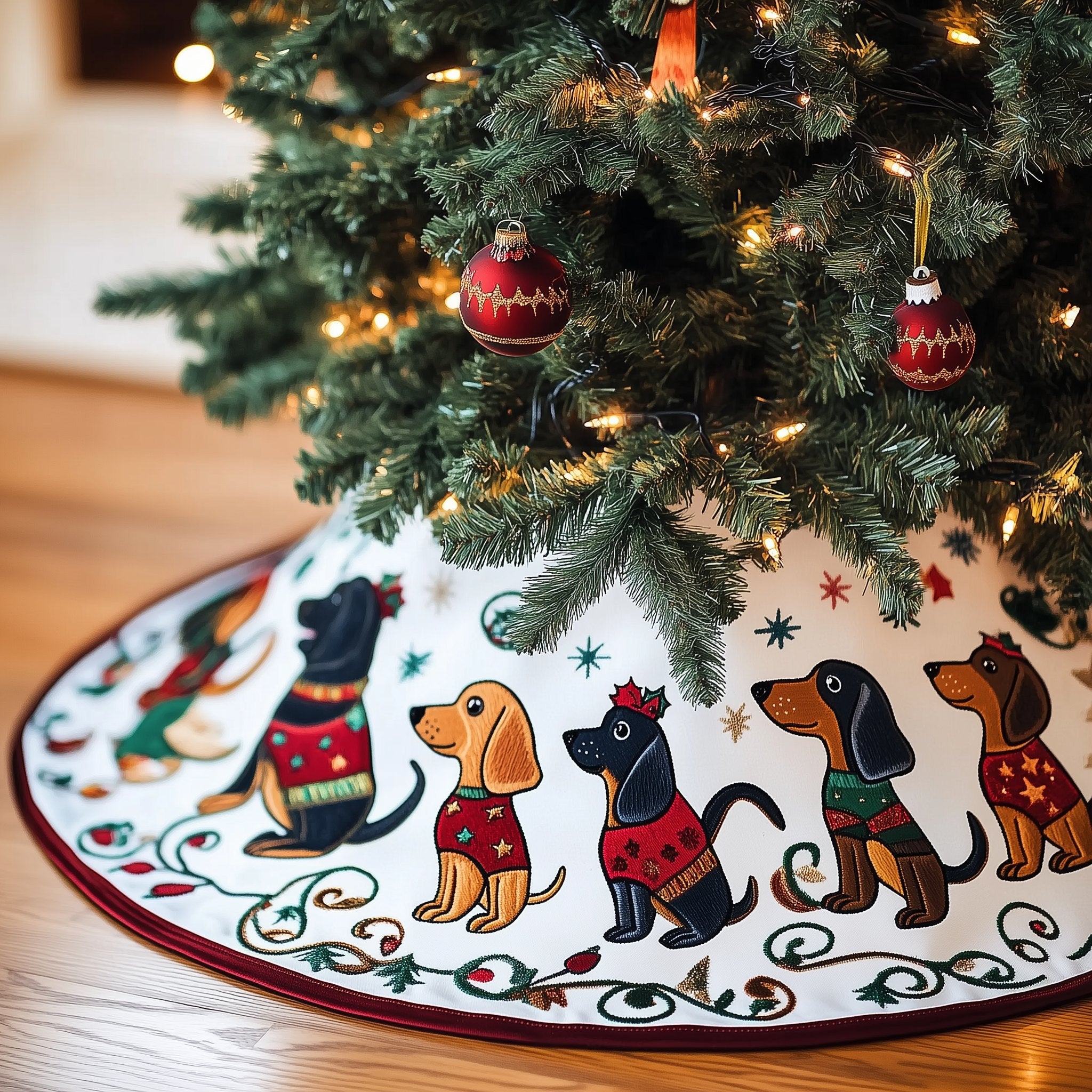 Dachshunds in Costumes Red Rim Christmas Tree Skirt