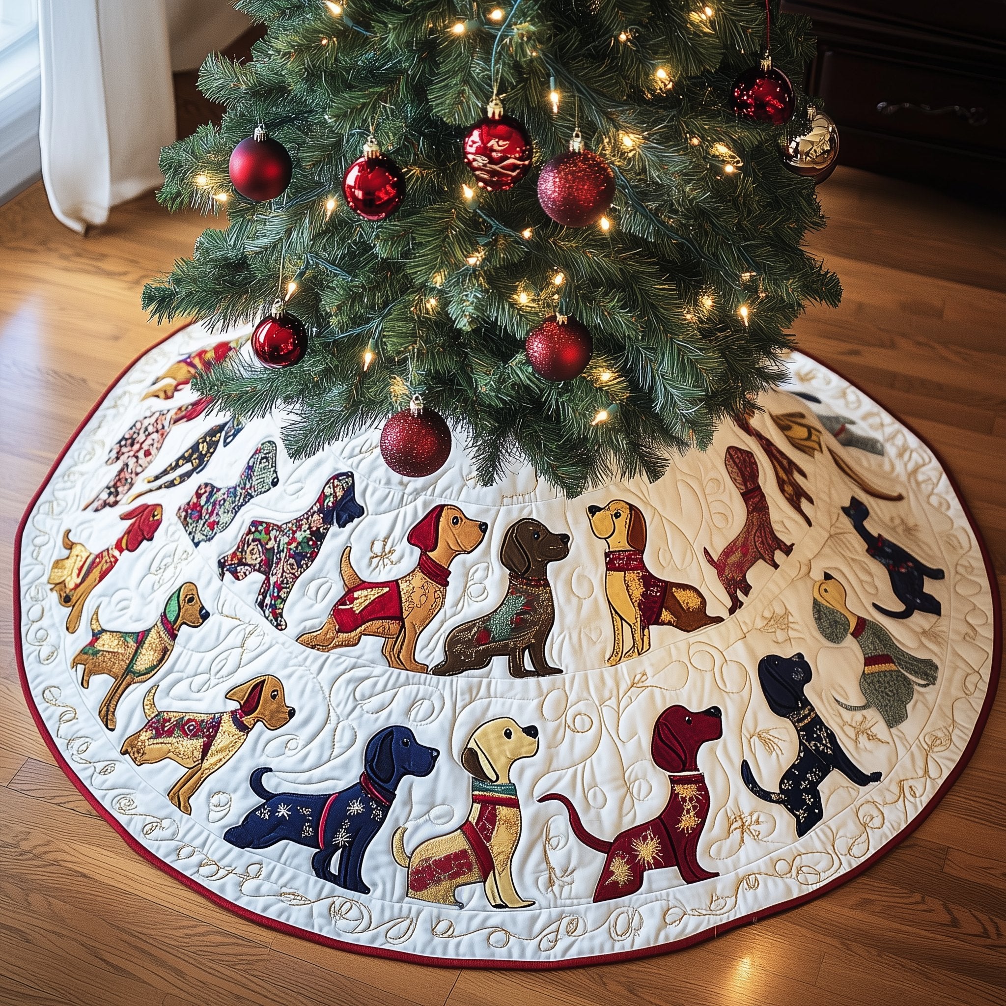 Rows of Dachshunds on White Christmas Tree Skirt