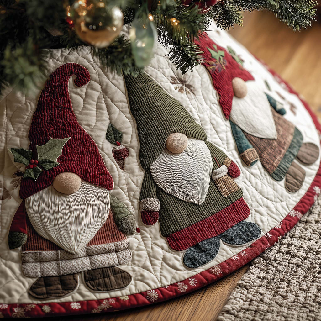 Gnomes on Cream with Red Trim Christmas Tree Skirt