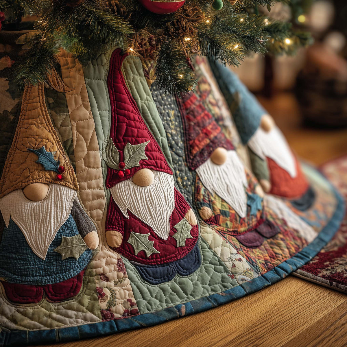 Gnomes with Green Leaf Motifs Christmas Tree Skirt