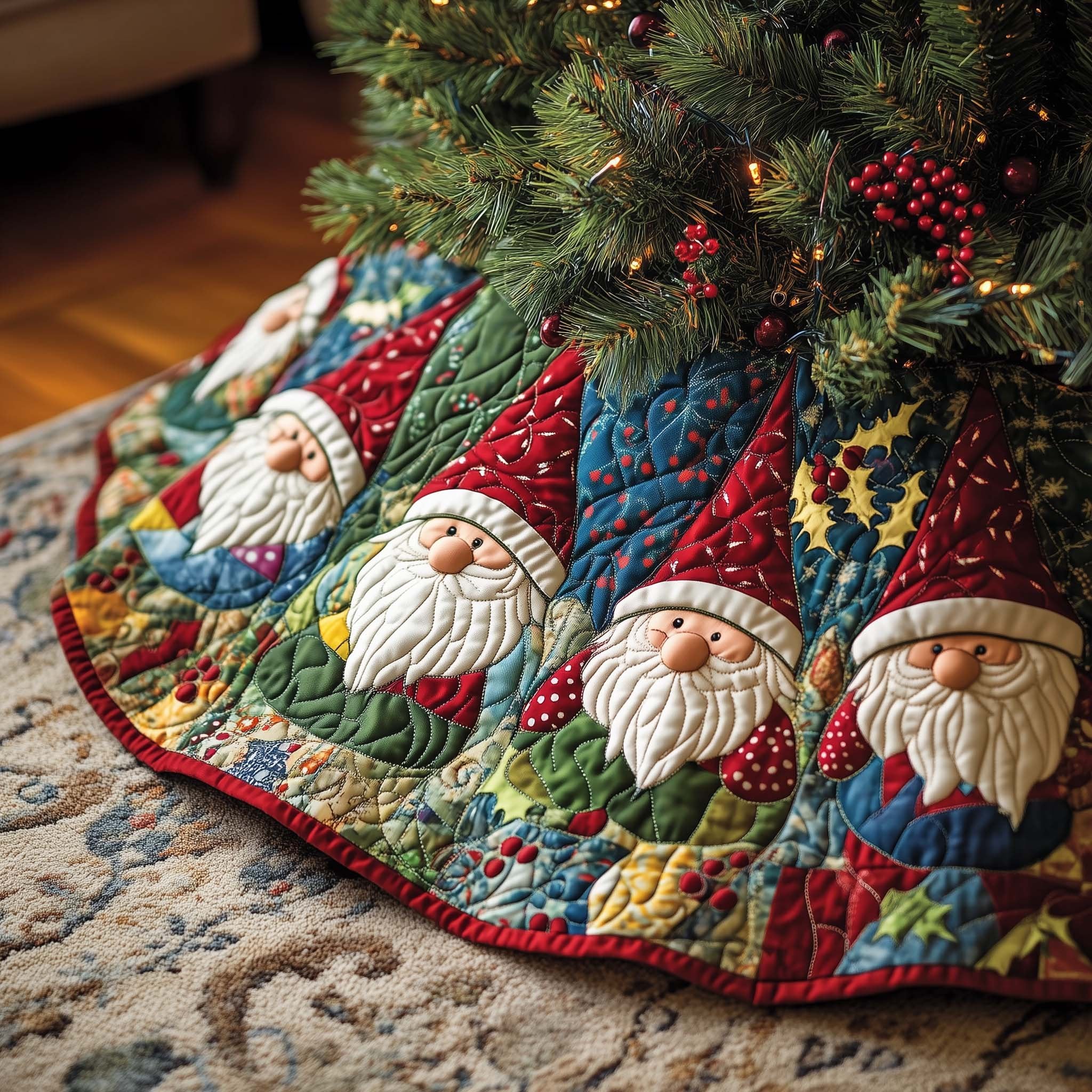 Gnome Faces on Red and Blue Patchwork Christmas Tree Skirt