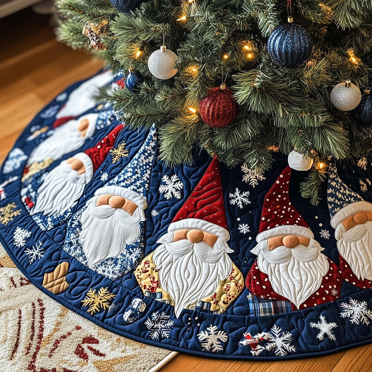 Gnomes on Navy with Snowflakes Christmas Tree Skirt