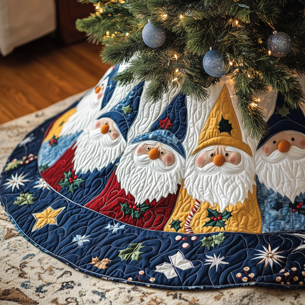 Gnomes on Blue with Gold Stars Christmas Tree Skirt