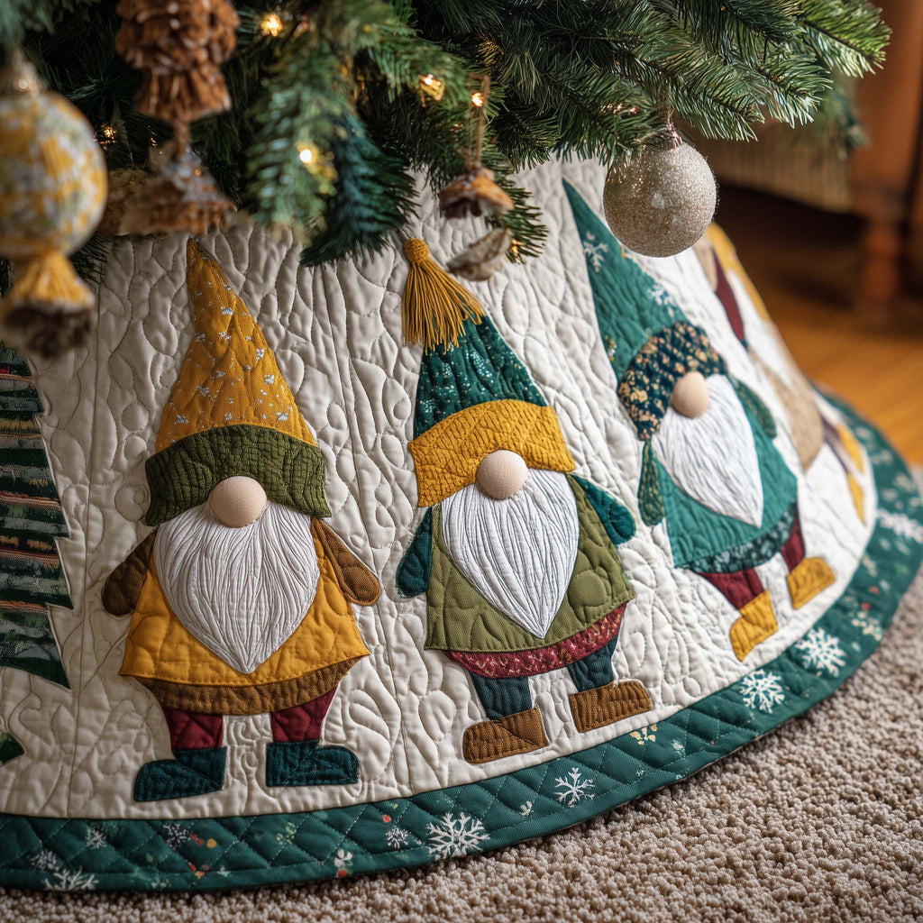 Gnomes in Yellow and Teal Hats Christmas Tree Skirt