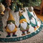 Gnomes in Yellow and Teal Hats Christmas Tree Skirt