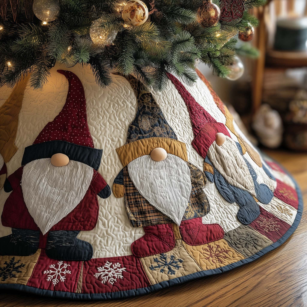 Gnomes on the Red and Navy Patchwork Panels Christmas Tree Skirt