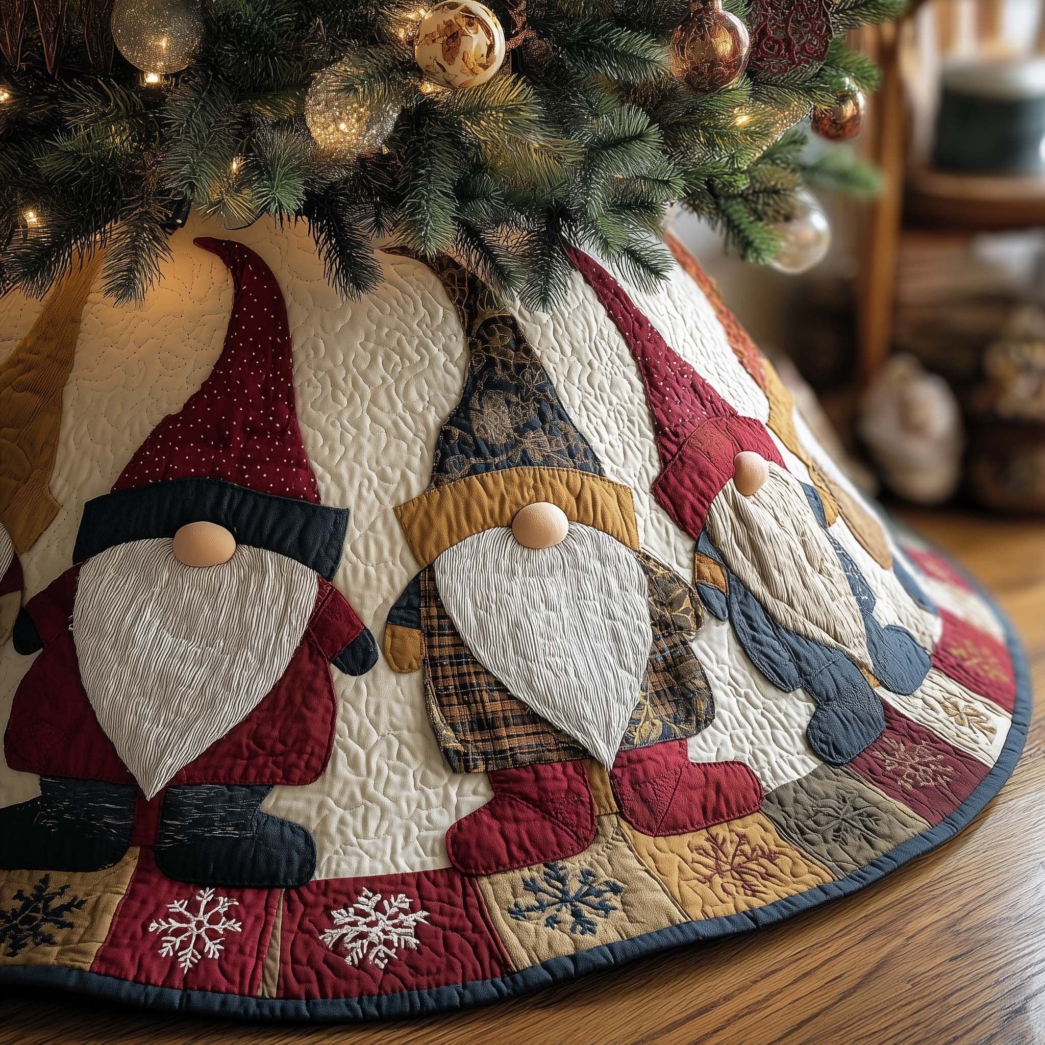 Gnomes on the Red and Navy Patchwork Panels Christmas Tree Skirt