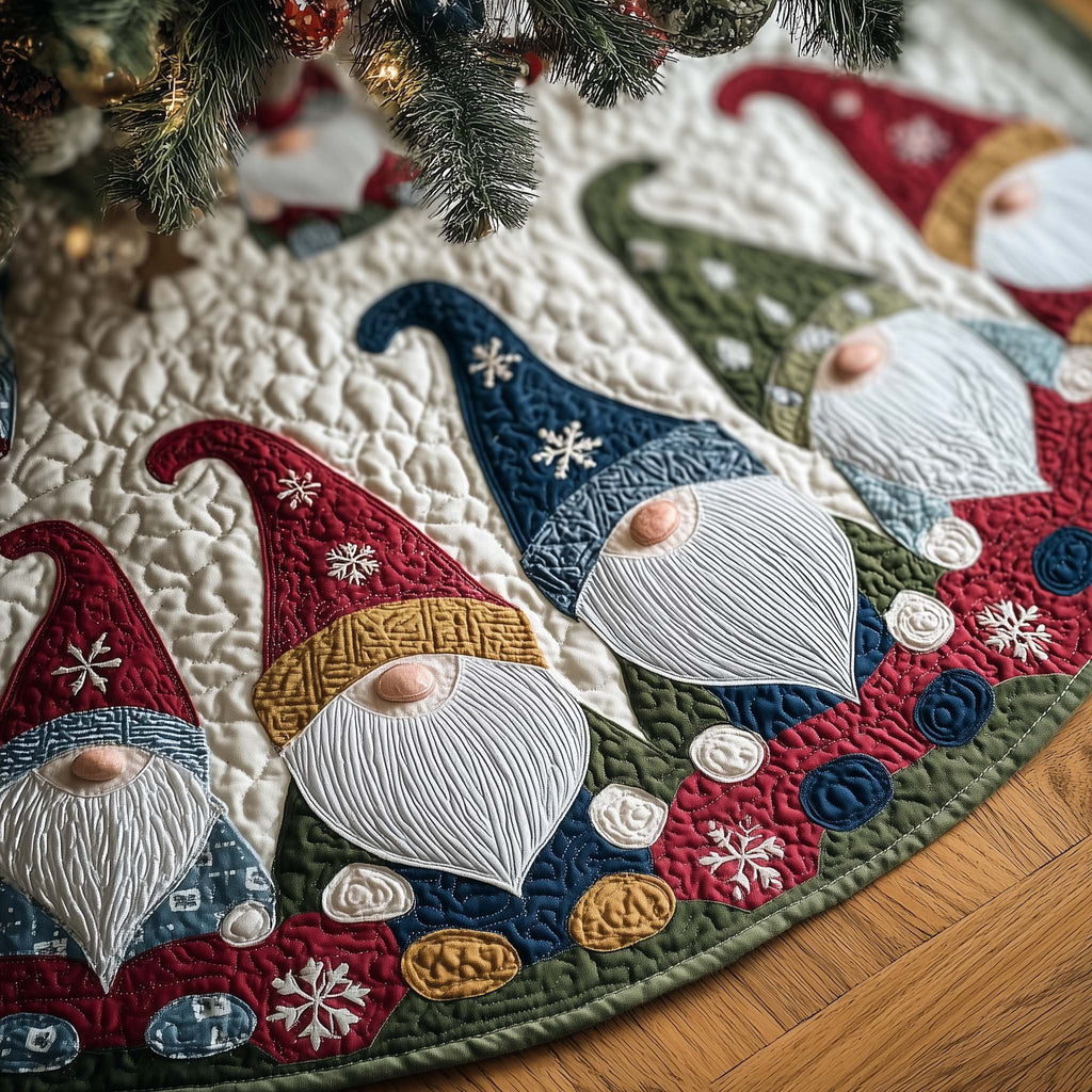 Gnomes in Blue and Red Snowflake Hats Christmas Tree Skirt