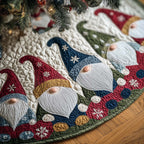 Gnomes in Blue and Red Snowflake Hats Christmas Tree Skirt
