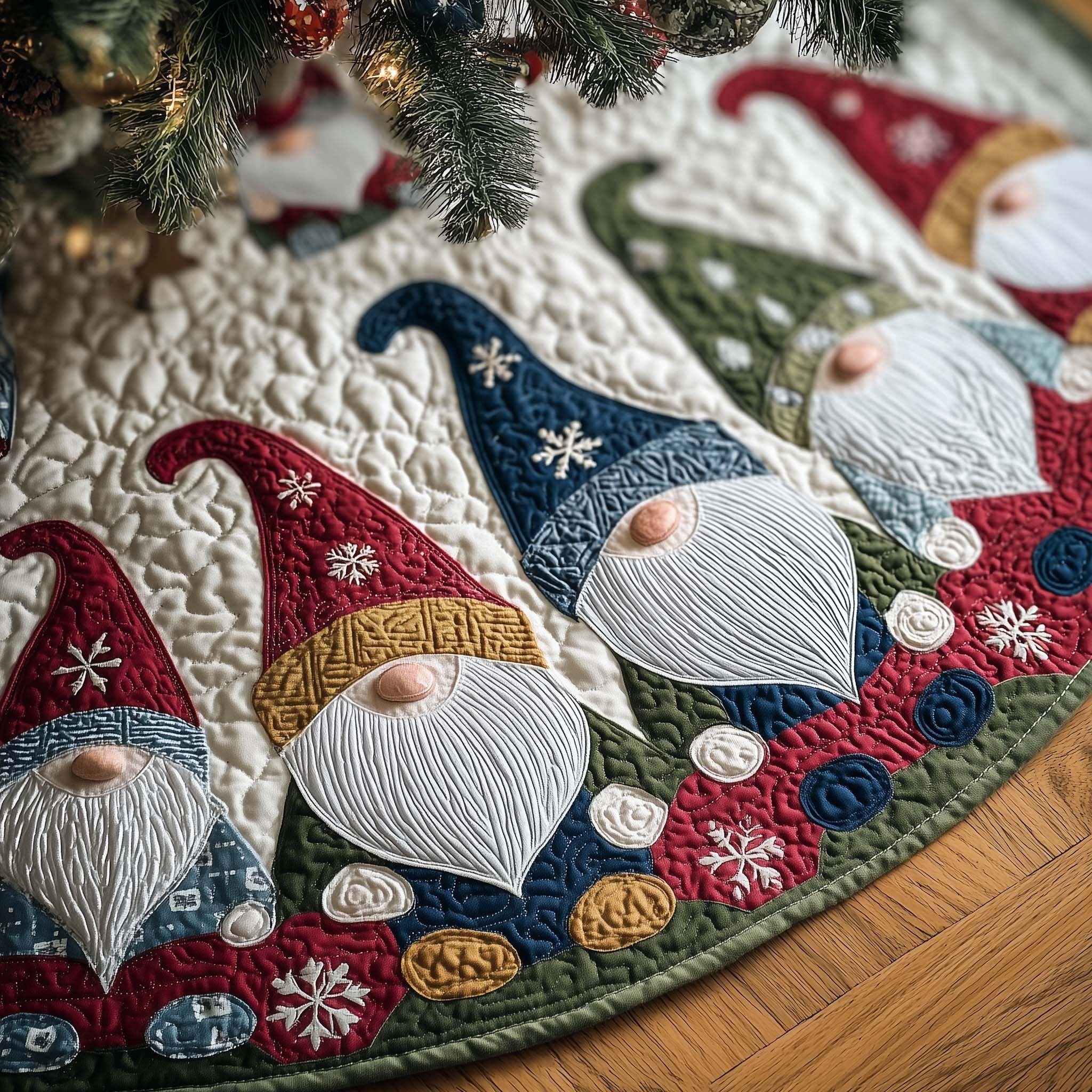 Gnomes in Blue and Red Snowflake Hats Christmas Tree Skirt