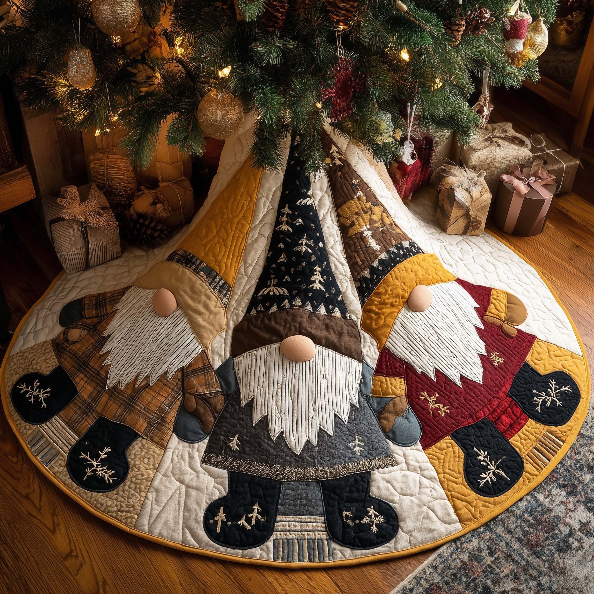 Bearded Gnome in Navy and Gold Christmas Tree Skirt