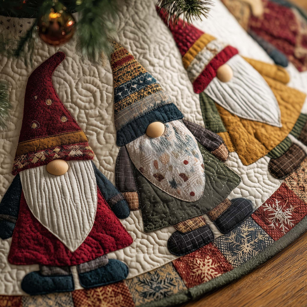 Gnomes in Mustard and Red Patchwork Robes Christmas Tree Skirt
